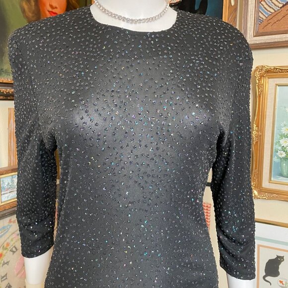 80s Vintage Milano Sexy Black Glitter Backless Cocktail Dress with Butt Ruching - Picture 4 of 10